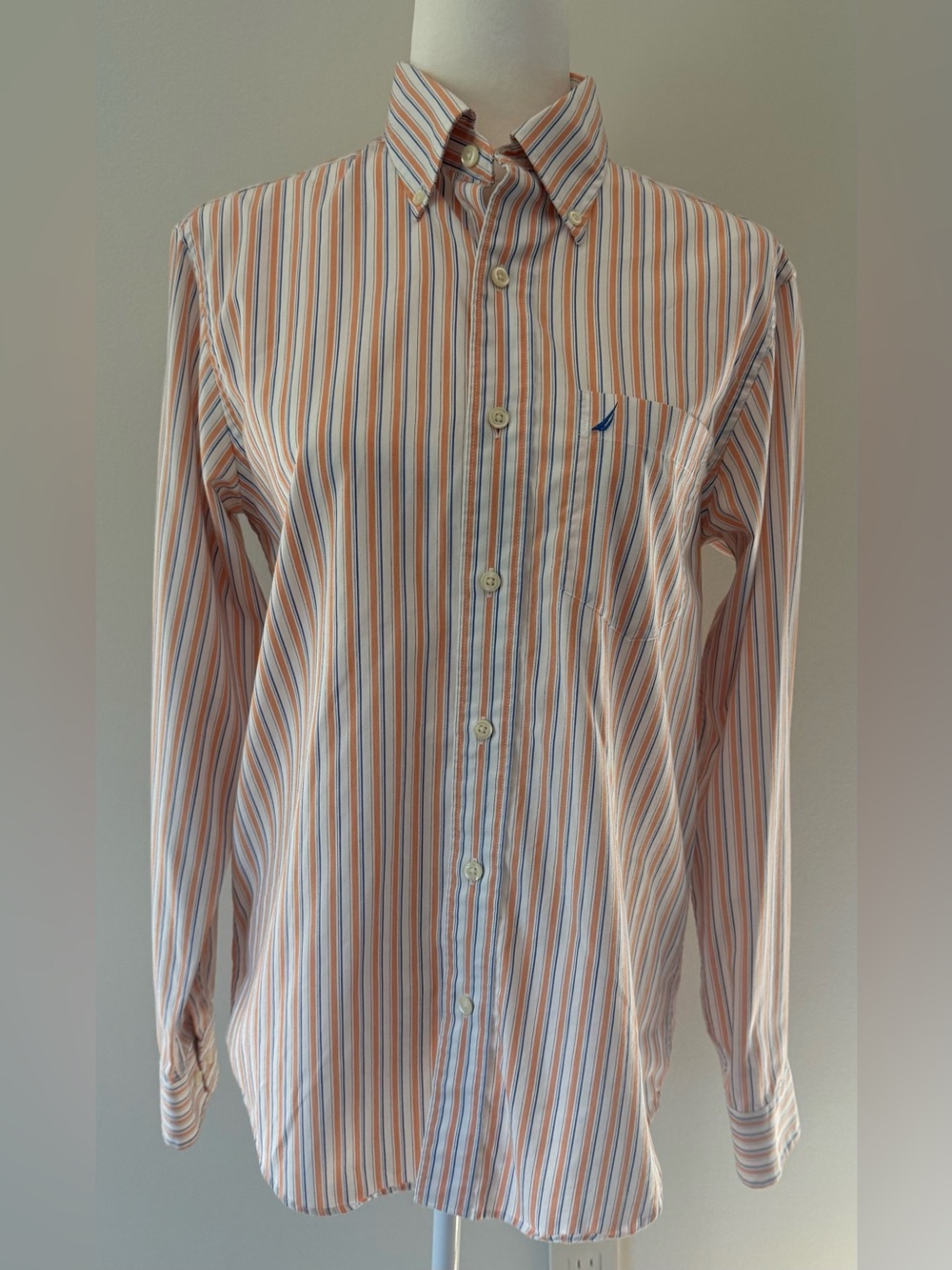 Nautica Men's Button-Down Striped Dress Shirt — White with Orange & Blue Stripes